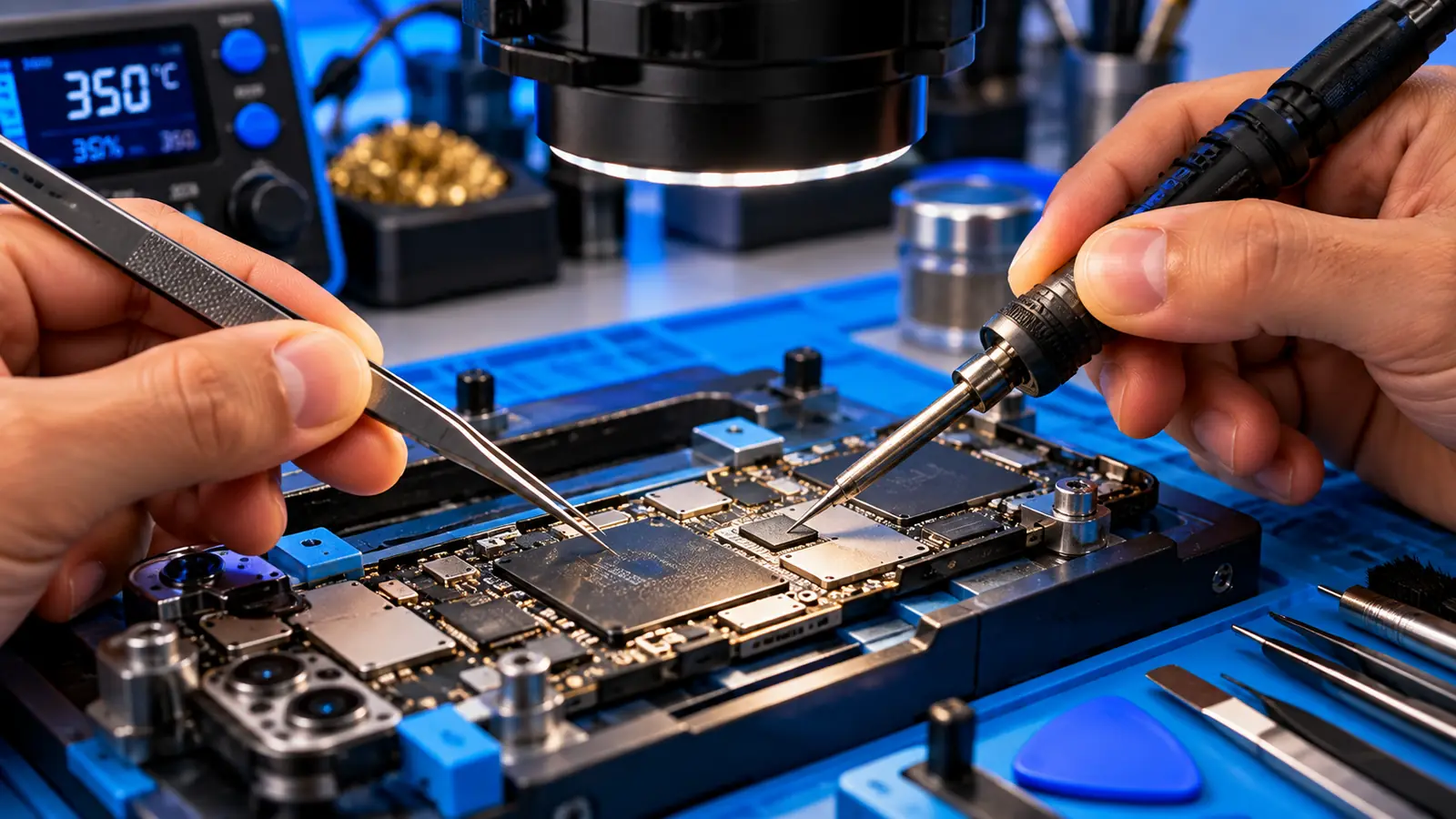 Microsoudure d’un composant sur une carte mère de smartphone