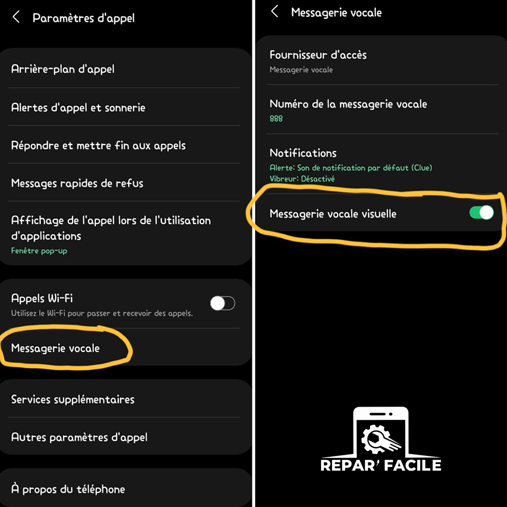 Configuration de la messagerie vocale visuelle Samsung