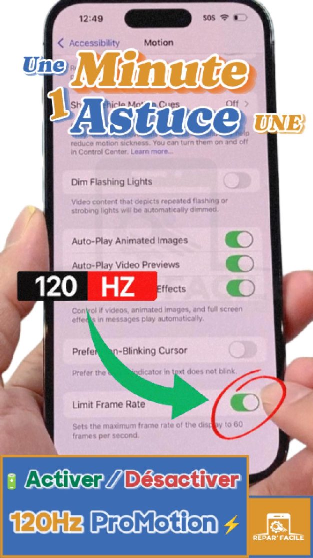 Changer le taux de rafraîchissement écran iPhone Pro (120 Hz 60 Hz)