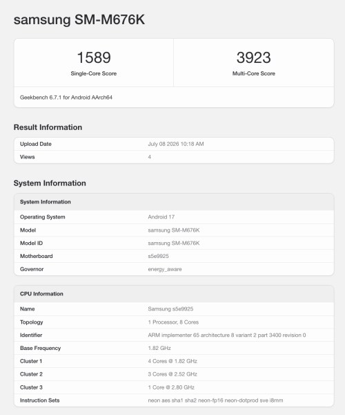 Le Samsung Galaxy M67 refait surface avec un processeur Exynos oublié : ce que révèle Geekbench