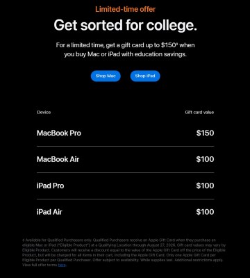 Promotions Apple pour la rentrée : des cartes cadeaux offertes à l'achat d'un MacBook ou iPad